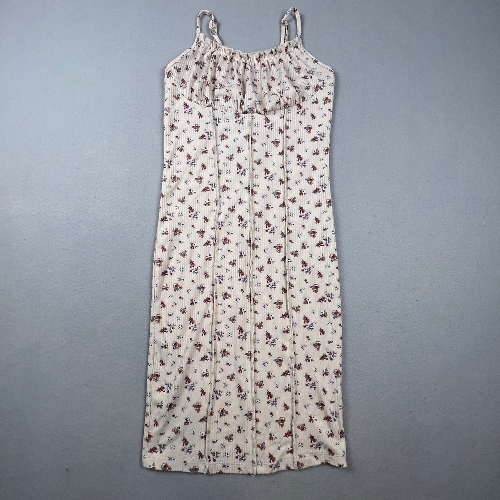 Y2K Floral Ribbed Bodycon Dress Womens Small Cream Ruffle Cottagecore Boho